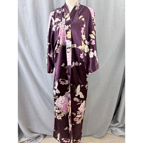 NWT Kim + Ono Plum Kimono Robe Floral Crane Print Long Sleeve S Asian Inspired - Picture 13 of 13